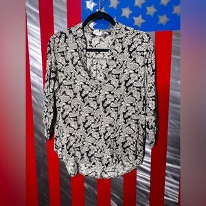 TeenBell Graphic Cream and Black Blouse with 3/4 Sleeves